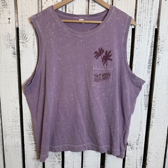 Old Navy Don’t Worry Beach Happy Pocket Tank Top Women XXL Purple Grunge 90sVibe - Picture 1 of 11